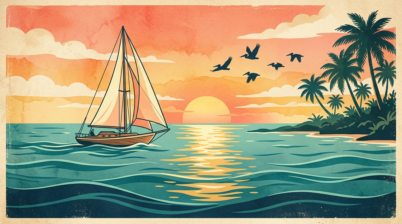 Ed and Mo's 50th Anniversary Vintage Sailboat Sunset Illustration